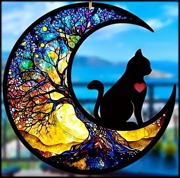 Stained glass style black cat on a crescent moon with a tree and colorful sky