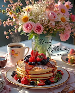 Stack of pancakes topped with strawberries and blueberries next to coffee cup and pink roses in vase