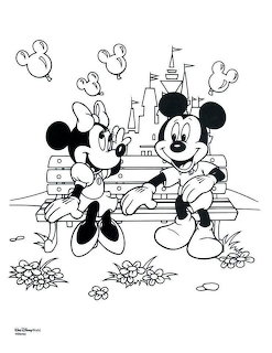 Line art of Mickey and Minnie Mouse in front of a castle