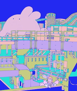Surreal illustration of large pink bunnies over a colorful pastel city with buildings in pink, cyan, and yellow tones