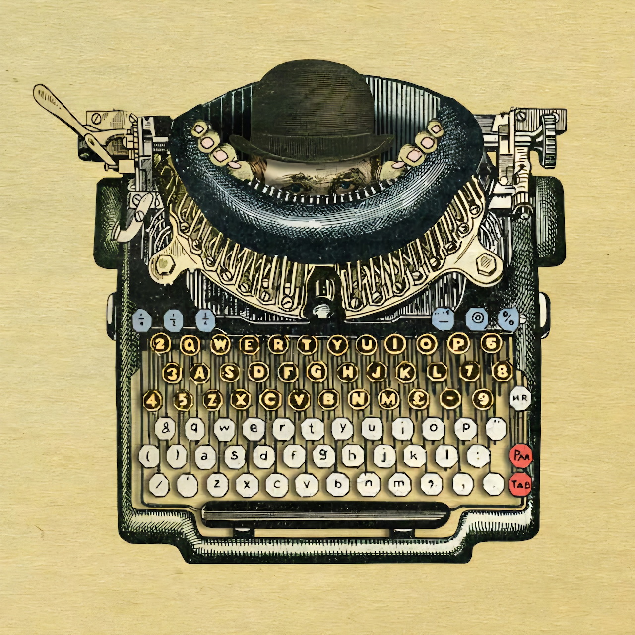 Detailed vintage typewriter illustration with round keys and classic ribbon mechanism