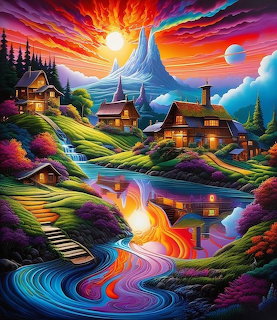 Vivid fantasy landscape with rainbow sunset sky, mountain village, flowing colorful hills and river with glowing light