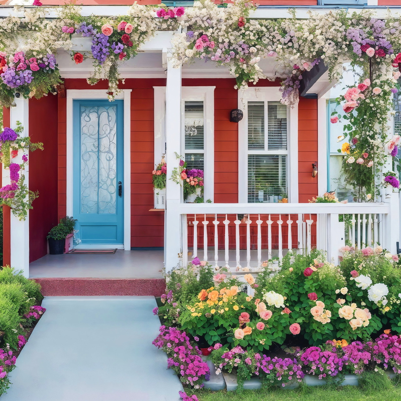 Red house porch with blue door surrounded by colorful hanging baskets and flower beds in full bloom