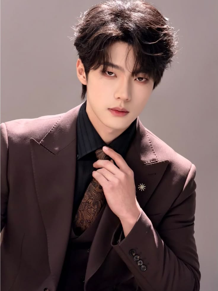 Young East Asian man in dark maroon suit adjusting collar, studio portrait