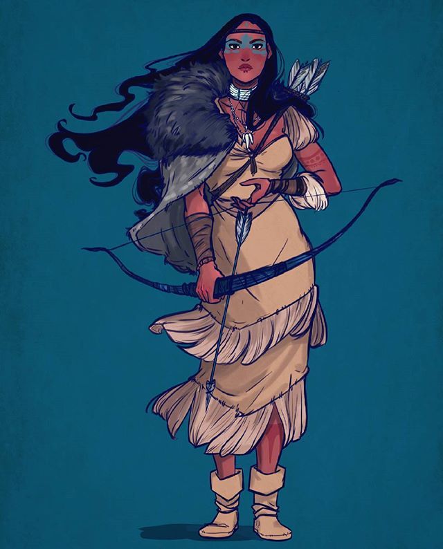 Fanart illustration of Pocahontas with flowing black hair outdoors