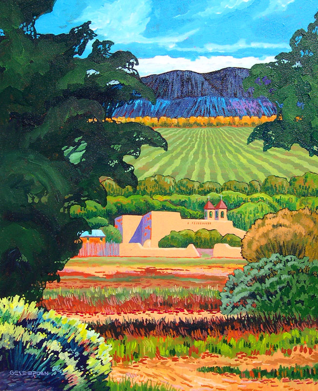 Impressionist painting of colorful terraced farm fields with mountains and foliage