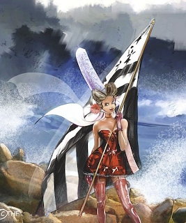 Anime winged warrior in red armor with sword standing before stormy sky