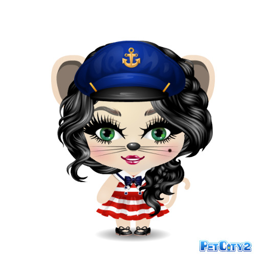 Cartoon mouse girl with black curls, green eyes, sailor hat, and red striped dress on white background
