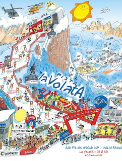 Detailed illustrated map of Val di Fassa ski resort with slopes, lifts, villages and skiers in snowy mountains