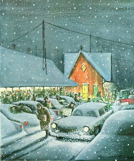 Vintage-style painting of snowy cars and shoppers outside a lit store during a Christmas snowstorm