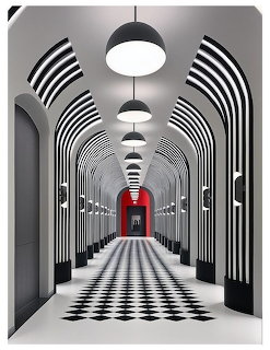 Futuristic black and white hallway with striped arches, hanging lights, and a red doorway
