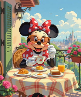 Minnie Mouse sitting at breakfast table on balcony with pastries and tea, castle view in background