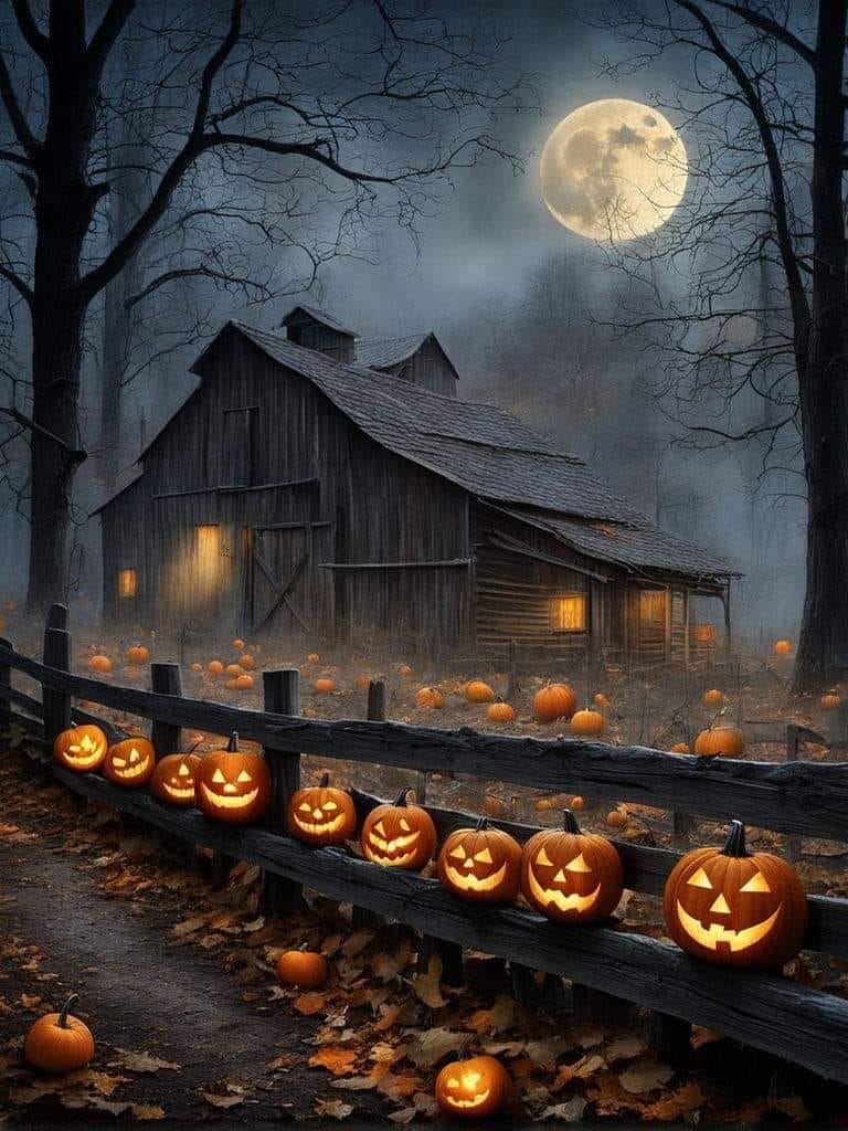 Illuminated jack-o'-lanterns on path leading to dark barn under full moon with bare trees in foggy Halloween night