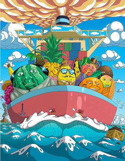 Colorful cartoon illustration of anthropomorphic fruits on a pink boat sailing through ocean waves