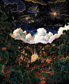 Fantasy village with castle under starry sky, surrounded by trees and clouds, with glowing lights and celestial burst