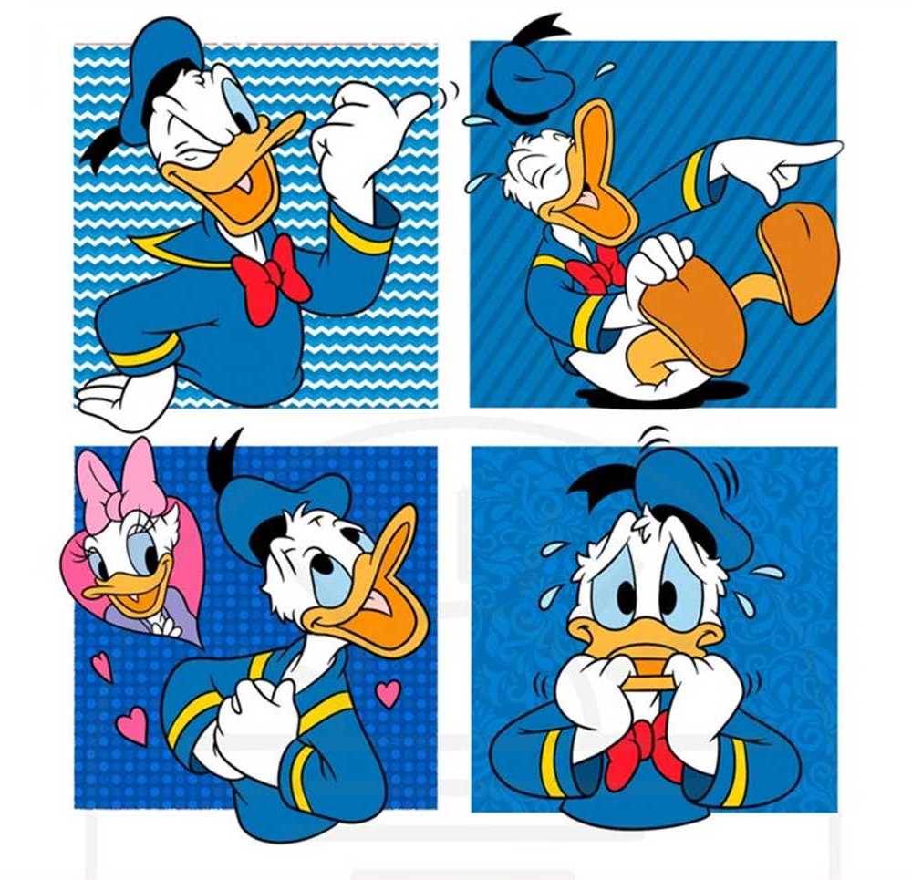 Four cartoon panels of Donald Duck in various expressive poses against blue backgrounds