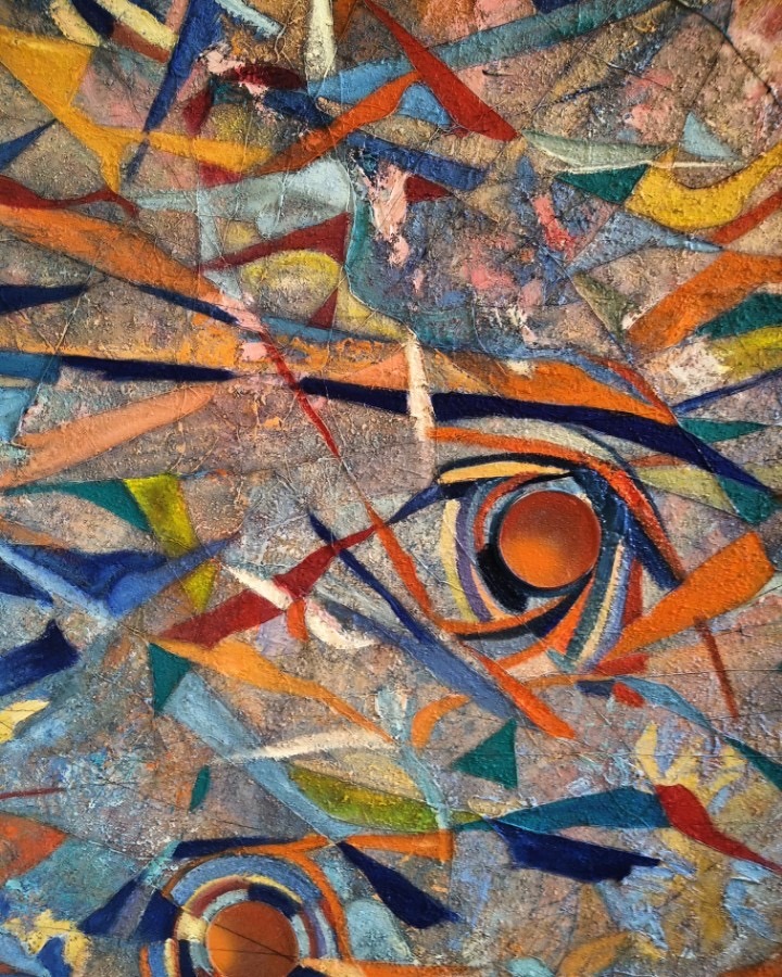Abstract painting with colorful geometric shapes and swirling lines forming an eye-like spiral pattern