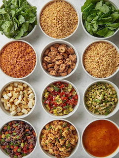 Twelve white bowls filled with colorful spices, herbs, nuts, and dried ingredients arranged in rows on white background