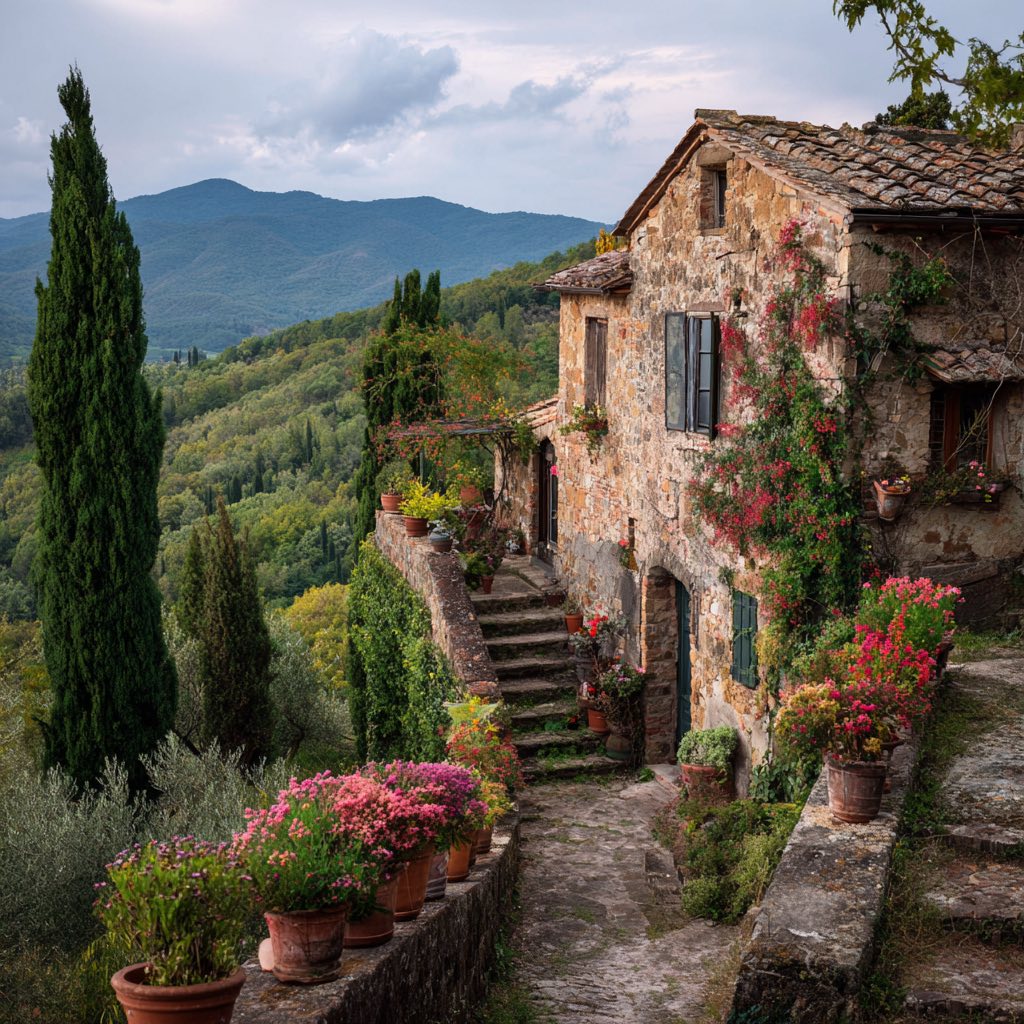 Rustic Tuscan villa with flowers and cypress trees on hillside