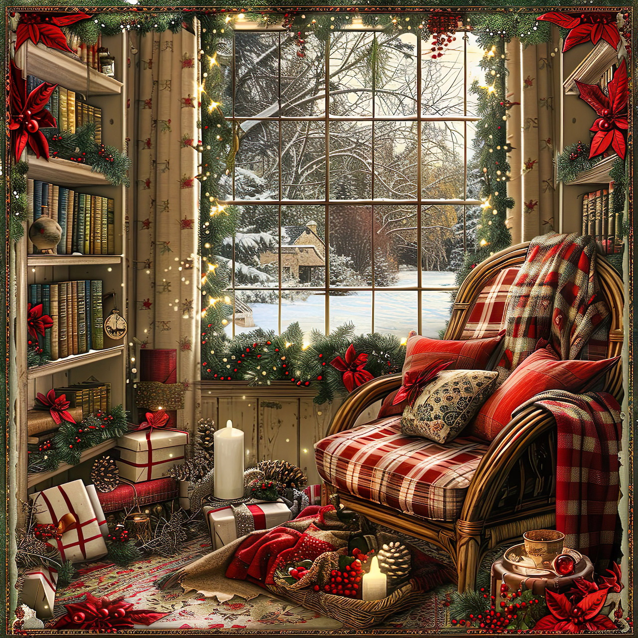Cozy Christmas reading corner with red plaid chair, frosted window, bookshelves, candles, and holiday decorations