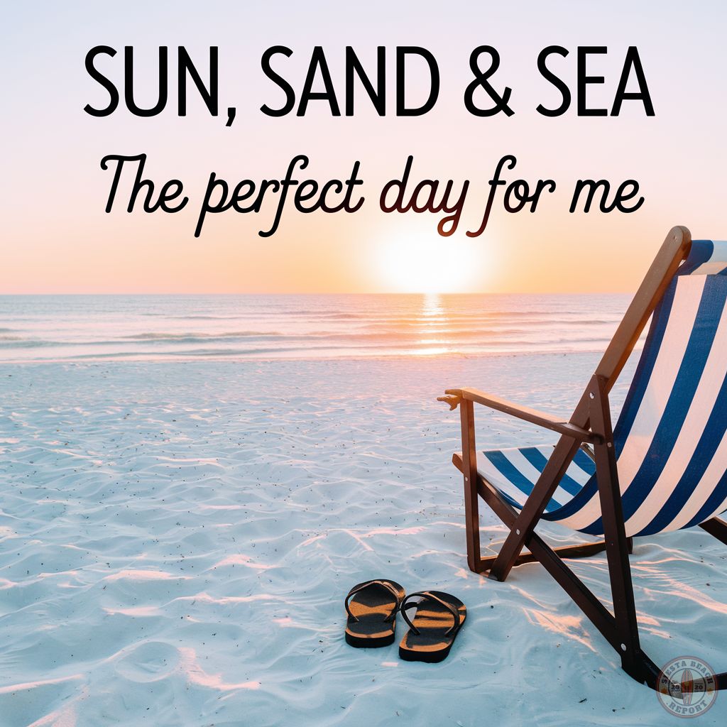 Beach chair and sandals on shore at sunset with ocean and text overlay