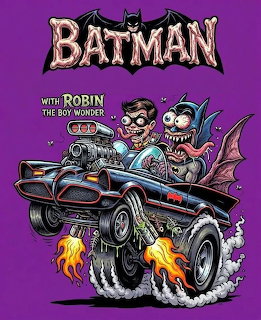 Cartoon Batman and Robin riding in Batmobile with flame exhaust on purple background