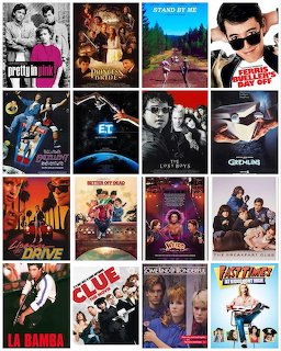 Grid collage of sixteen iconic 1980s movie posters arranged in four rows of four
