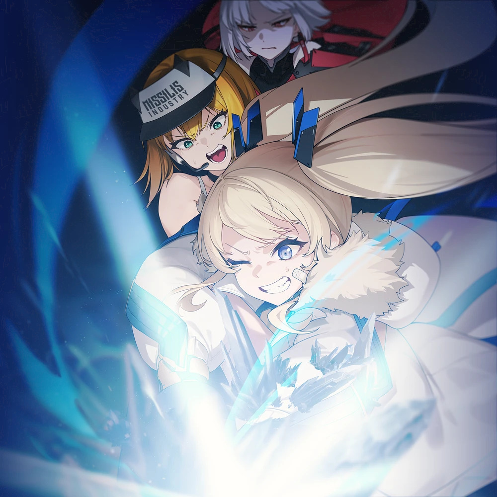 Three anime girls with blue glowing energy, white-haired character in center with blonde and dark-haired companions
