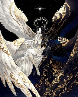 Celestial angel with white and dark wings, golden halo, ornate gold details on a starry background
