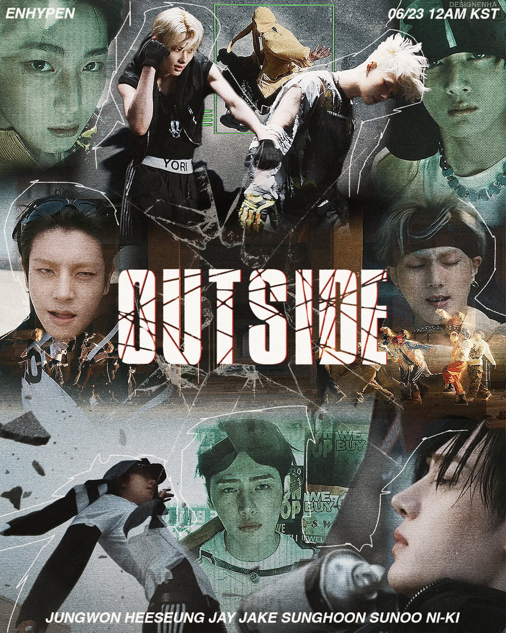 ENHYPEN 'OUTSIDE' promotional poster collage featuring all seven members with bold typography