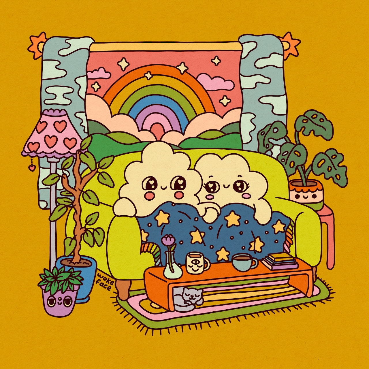 Two cheerful cartoon clouds in bed under rainbow with mushrooms and plants