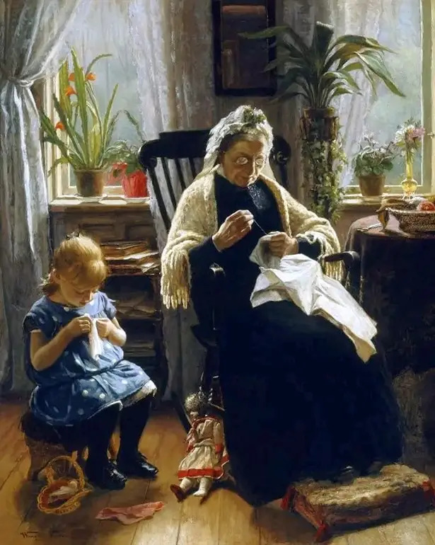 Painting of grandmother sewing with young girl watching in sunlit room