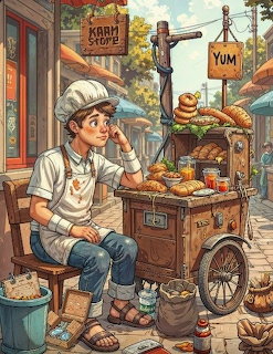 Illustrated young baker sitting beside a street cart selling bread and pastries in a narrow lane