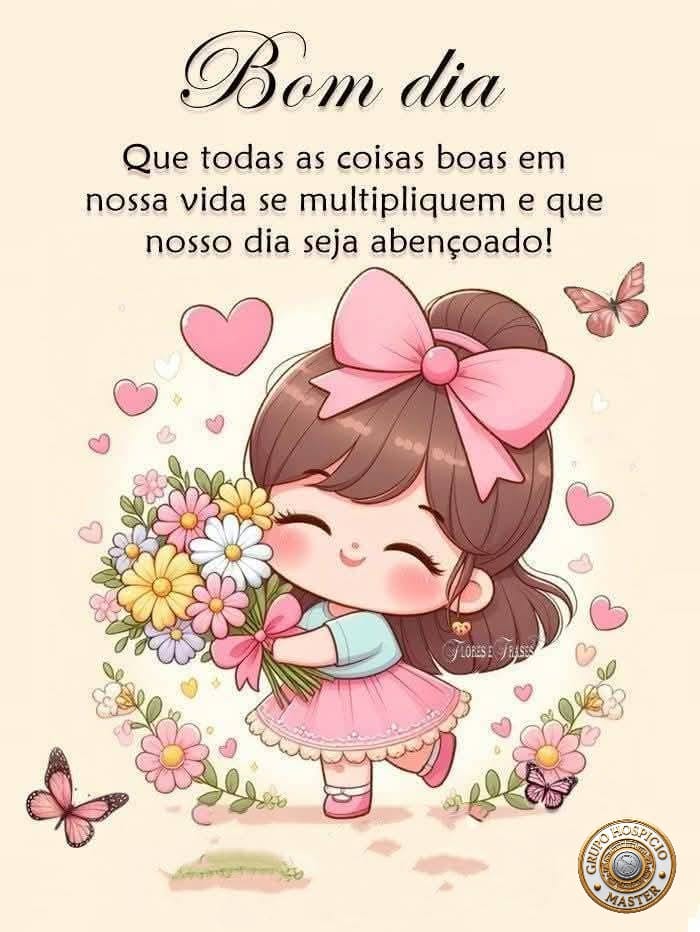 Cute cartoon girl with pink bow holding flowers, hearts and butterflies, Bom dia greeting illustration