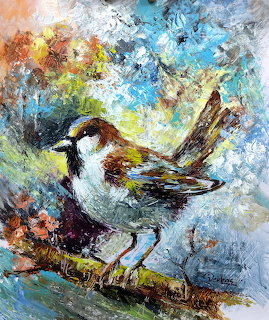 Impressionistic painting of a sparrow on a branch with colorful abstract background