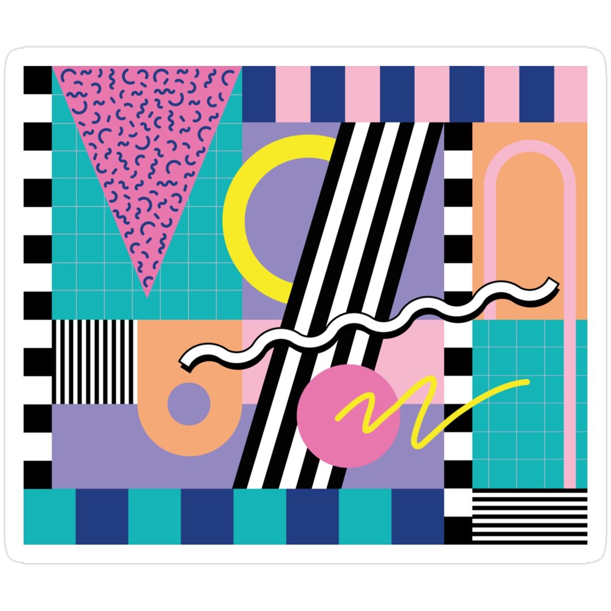 Colorful retro abstract design with geometric shapes, stripes, grids, and squiggly lines