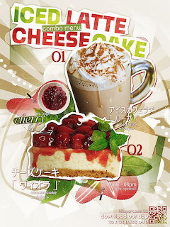 Illustrated menu graphic showing an iced latte and a slice of berry cheesecake