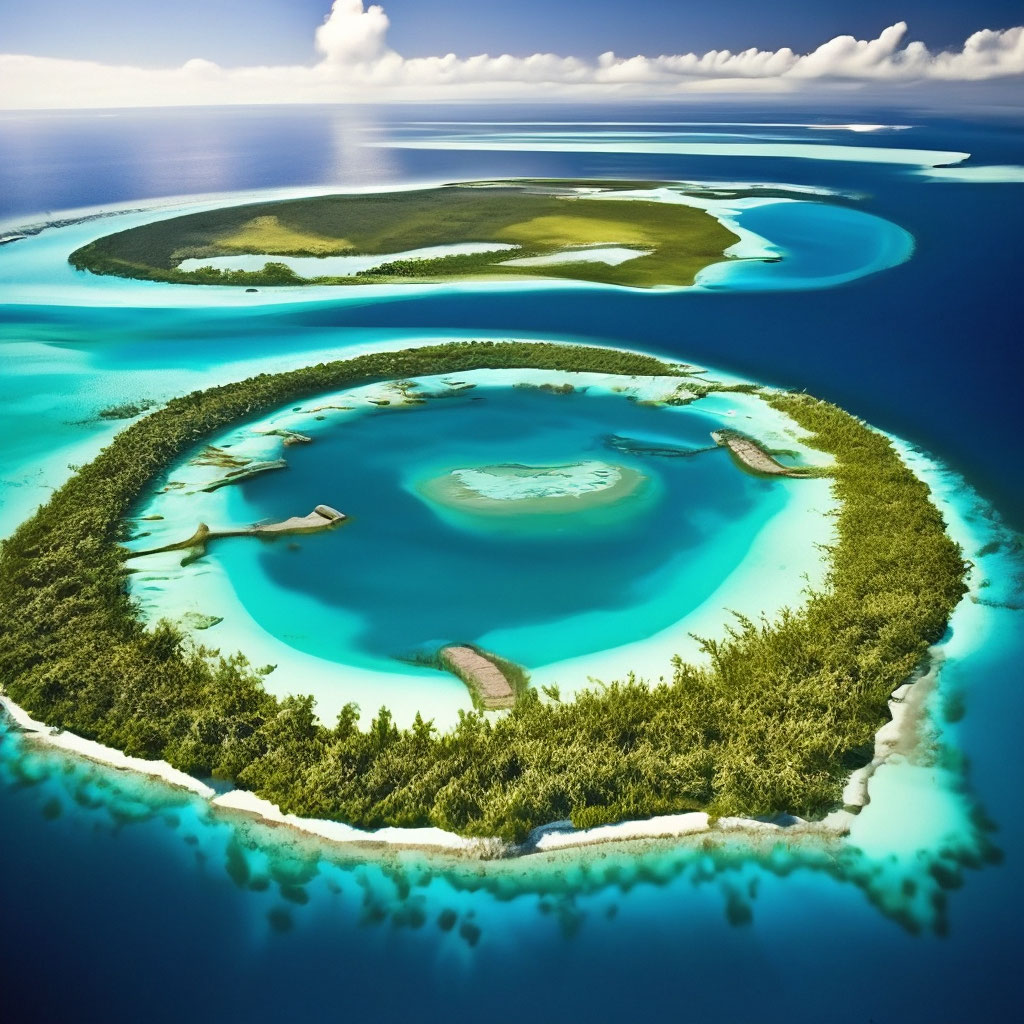 Aerial view of circular tropical atolls in bright turquoise ocean