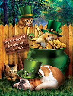 Three cats and a sleeping dog wearing green hats around a pot of gold in a St. Patrick's themed illustration.