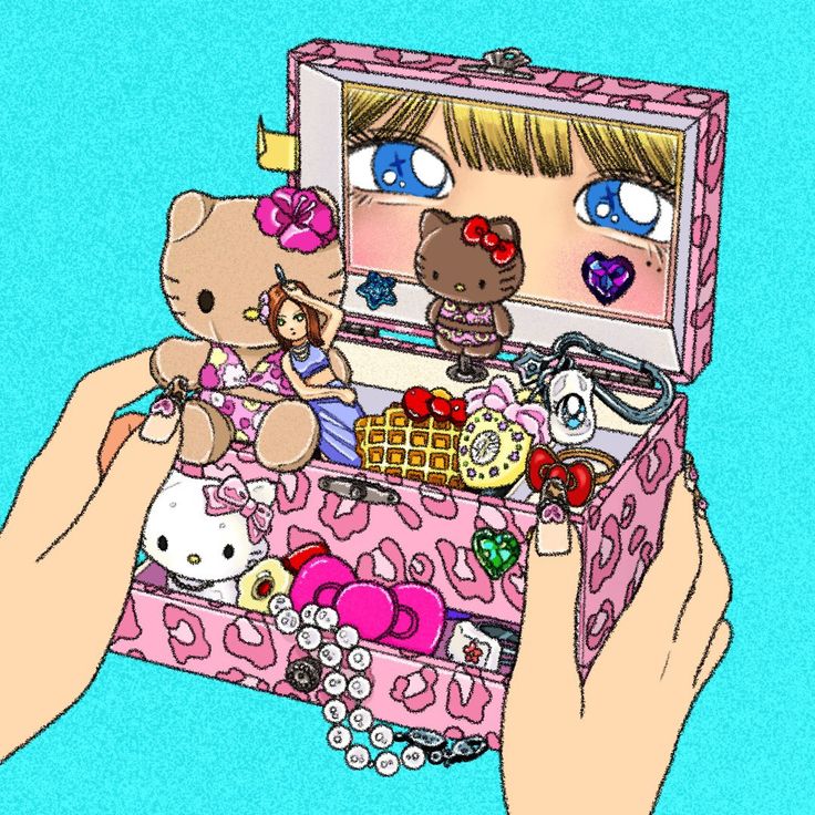 Illustration of hands holding a pink trinket box with cute charms, teddy bear, pearls, and anime eyes in the mirror