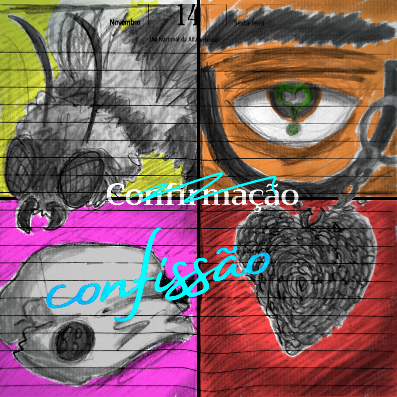 Colorful abstract four-panel drawing with an eye, sketchy animal forms, textured shapes, and handwritten text