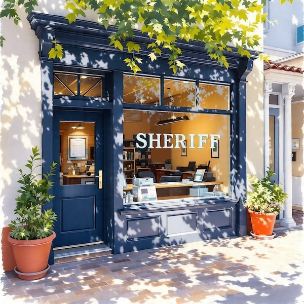 Blue storefront with sheriff sign in the window, tree shadows, and potted plants outside