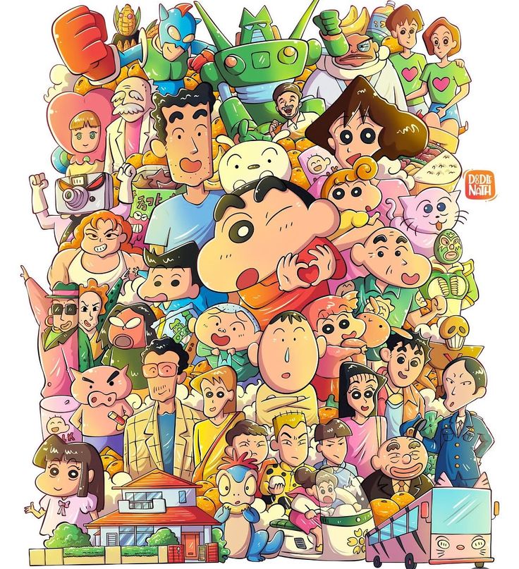 Large group illustration of Crayon Shin-Chan anime characters arranged in a collage