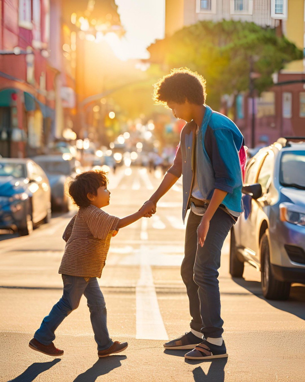 Teen Helping Child Cross Street