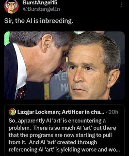 Social media meme screenshot with George W. Bush and text about AI art inbreeding