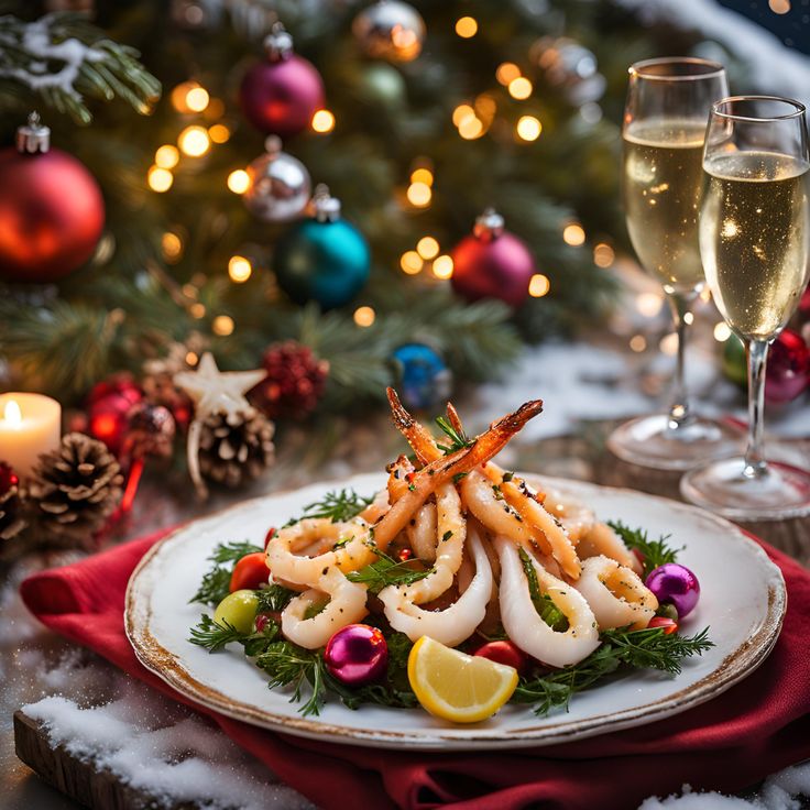 Festive shrimp appetizer plate with champagne glasses, Christmas ornaments, and candles on decorated holiday table