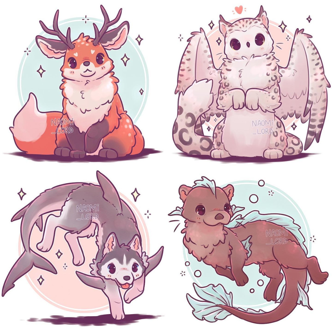 Four cute fantasy creatures illustrated in pastel colors: fox with antlers, winged cat, possum and baby, axolotl dragon