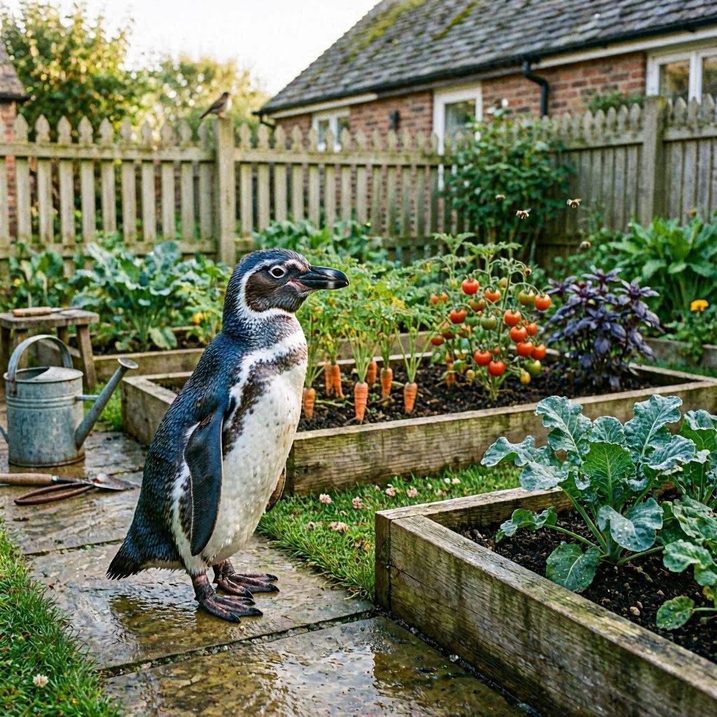 Penguin standing on a garden path beside raised vegetable beds in a backyard