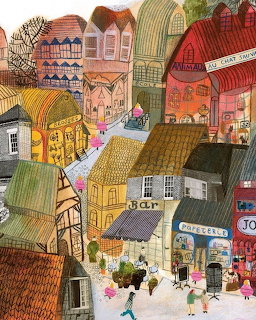 Colorful hand-drawn village street with houses, shops, and small figures walking