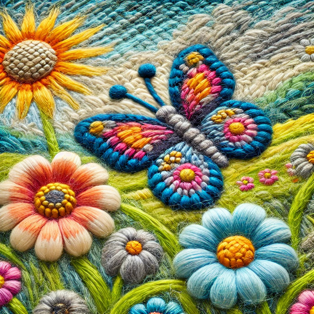 Embroidered textile art with colorful butterfly and flowers in raised stitching